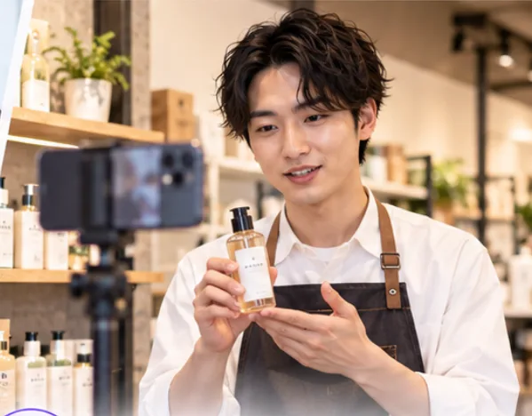 商品を手に説明する店舗スタッフ
