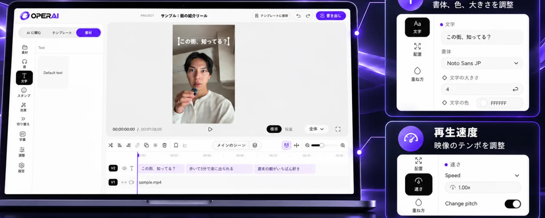 字幕の書体や再生速度を手で調整する画面